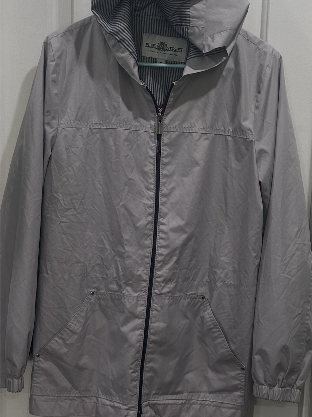 Fleet Street London New York Light Gray Hooded Raincoat with Striped Lining
